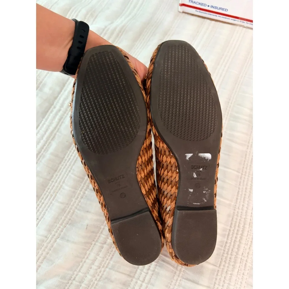 Schutz Woven Raffia Ballet Flats Tan Brown Bow Round Toe Size 7B Made in Brazil